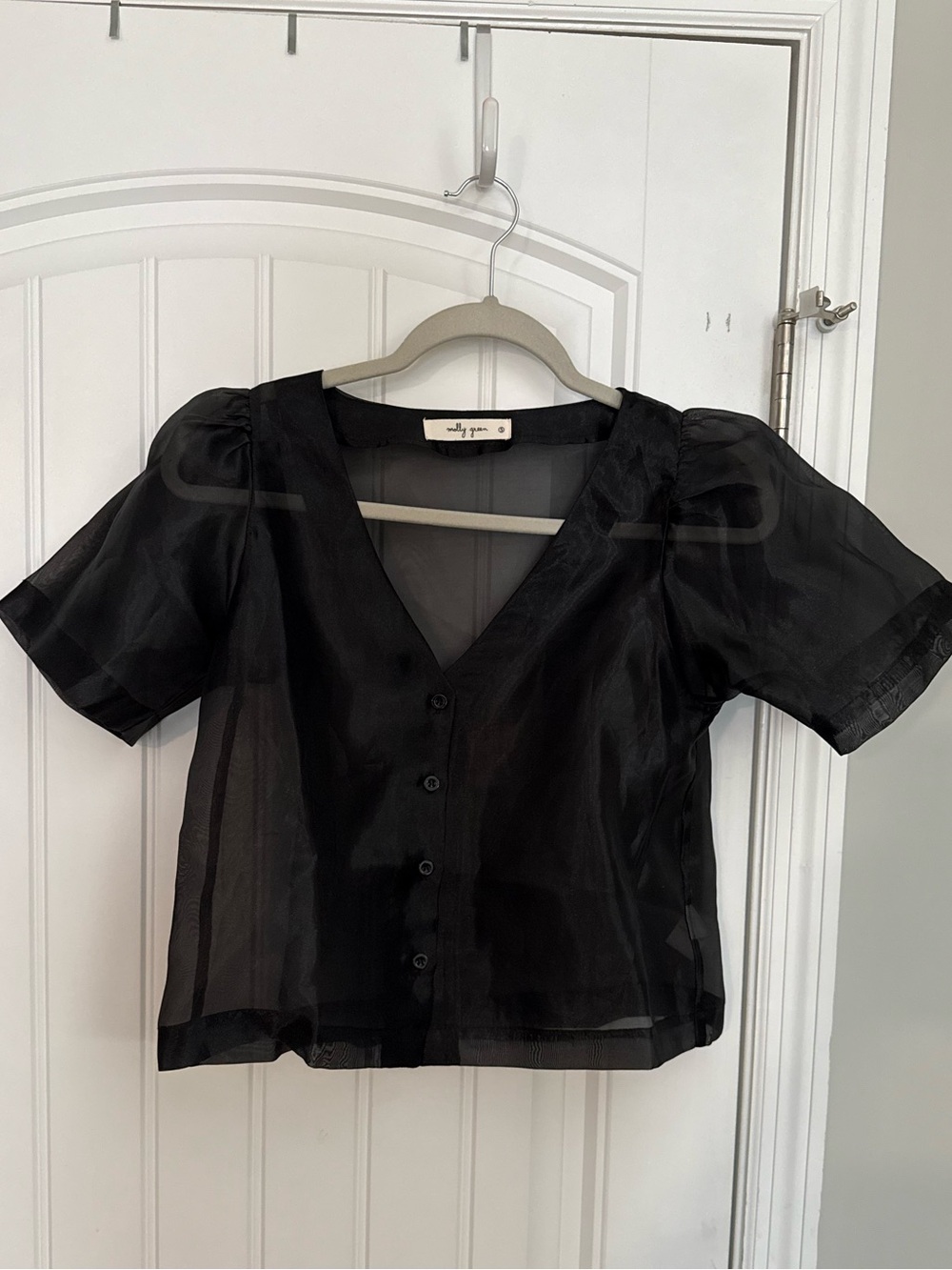 Molly Green Black Sheer V-Neck Button Front Blouse